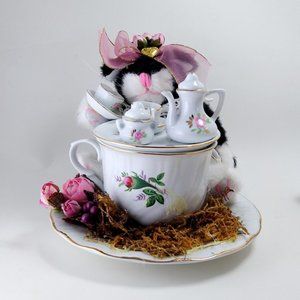 Collectible Porcelain Tea Cup Mini Set with Plush Cat